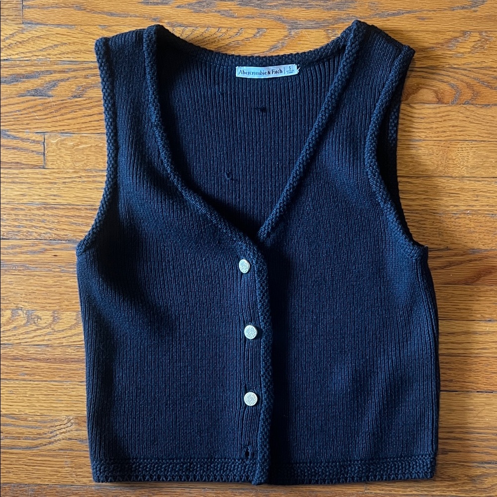 Abercrombie & Fitch Black Ribbed V-Neck Button Vest